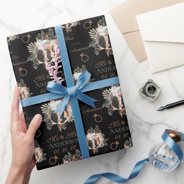 Personalized Watercolor Floral Bride & Groom Black Wrapping Paper (Gifting)