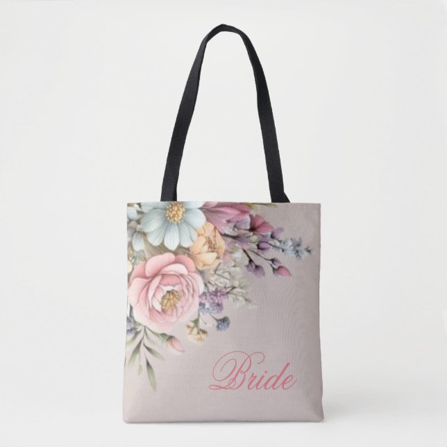Personalized Watercolor Floral Bride Tote Bag (Front)