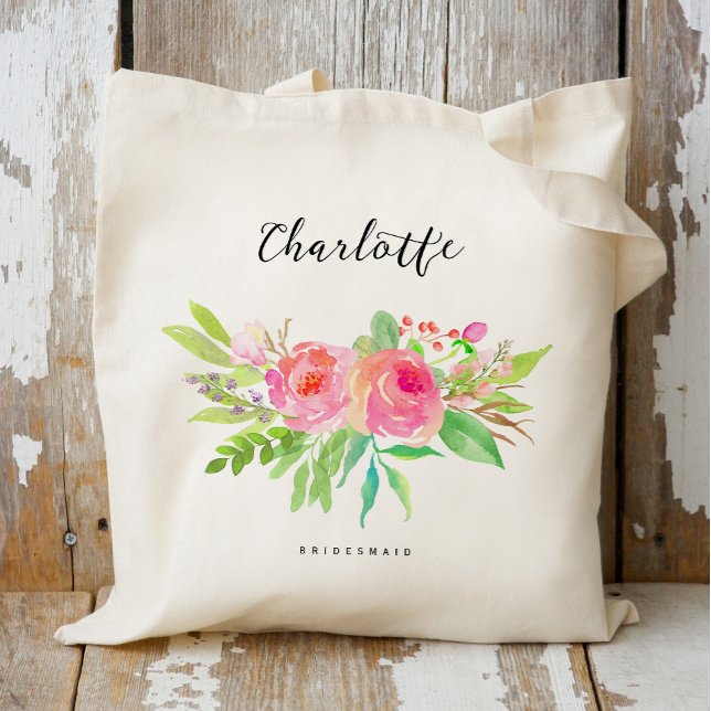 Personalized Watercolor Floral Bridesmaid Tote Bag (Creator Uploaded)