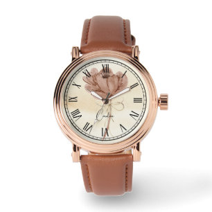 Personalized watercolor floral brown and beige watch