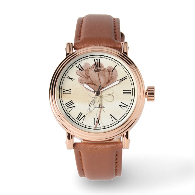 Personalized watercolor floral brown and beige watch (Front)