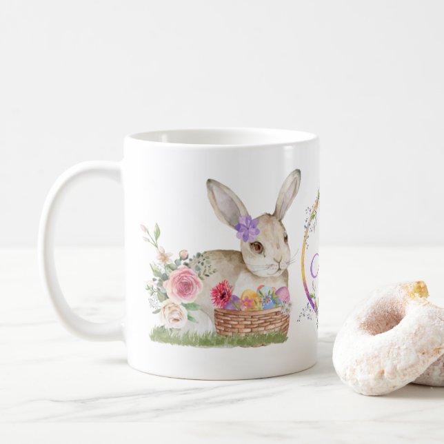Personalized Watercolor Floral Easter Bunny Egg Coffee Mug (With Donut)