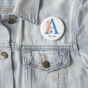 Personalized Watercolor Floral Letter A monogram Button