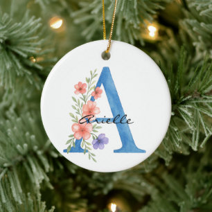 Personalized Watercolor Floral Letter A monogram Ceramic Ornament