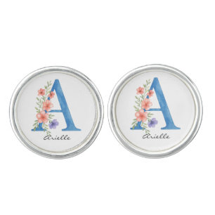 Personalized Watercolor Floral Letter A monogram Cufflinks