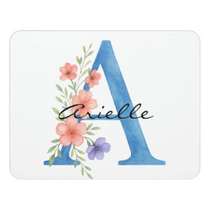 Personalized Watercolor Floral Letter A monogram Door Sign
