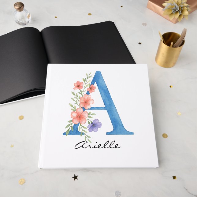 Personalized Watercolor Floral Letter A monogram Guest Book (Front Open)