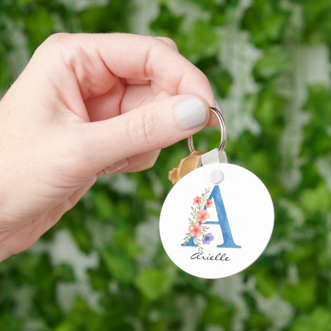 Personalized Watercolor Floral Letter A monogram Keychain (Hand)