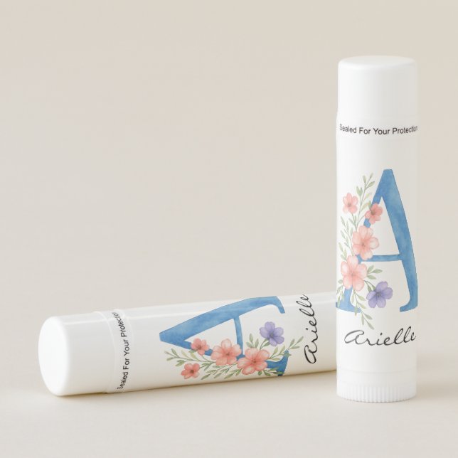 Personalized Watercolor Floral Letter A monogram Lip Balm (Front)
