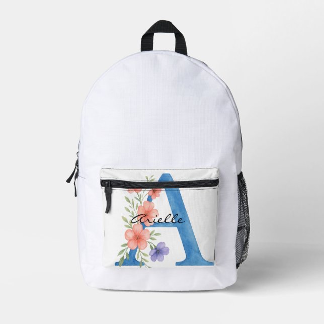 Personalized Watercolor Floral Letter A monogram Printed Backpack (Front)
