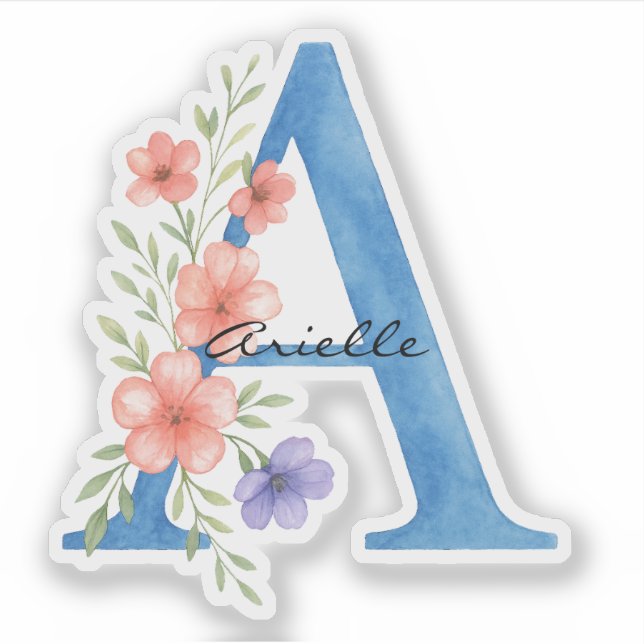 Personalized Watercolor Floral Letter A monogram Sticker (Front)