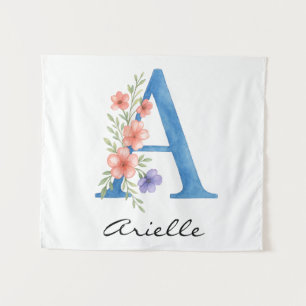 Personalized Watercolor Floral Letter A monogram Tapestry