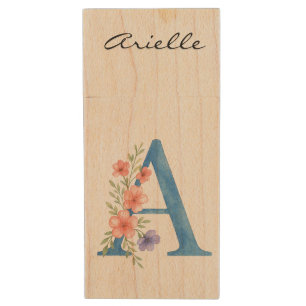 Personalized Watercolor Floral Letter A monogram Wood Flash Drive
