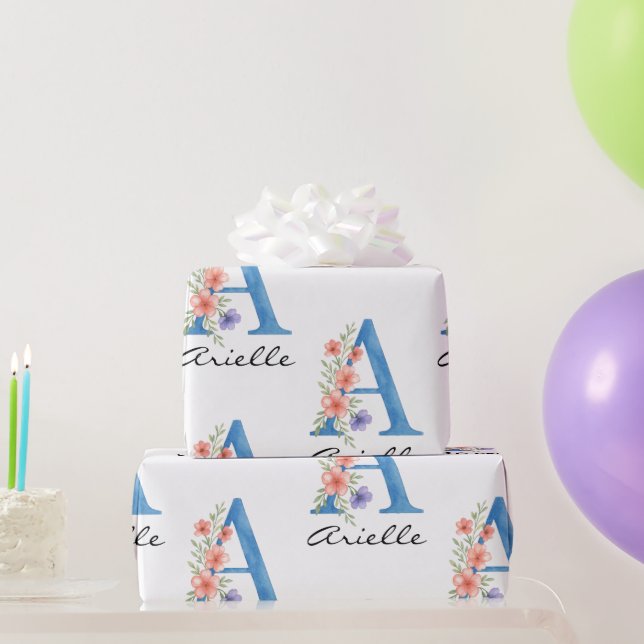 Personalized Watercolor Floral Letter A monogram Wrapping Paper (Party Gifts)