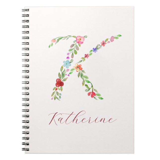 Personalized Watercolor Floral Monogram Letter K Notebook (Front)