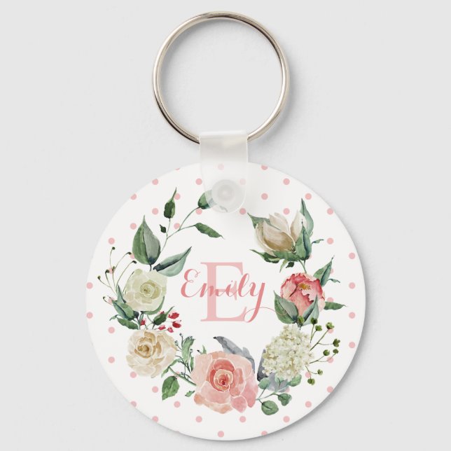 Personalized Watercolor Floral Monogram Pink Rose Keychain (Front)