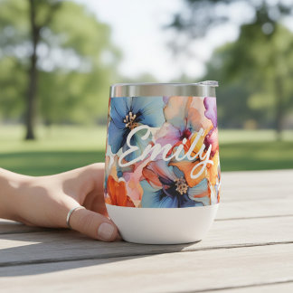 Personalized Watercolor Floral Name Gift Thermal Wine Tumbler