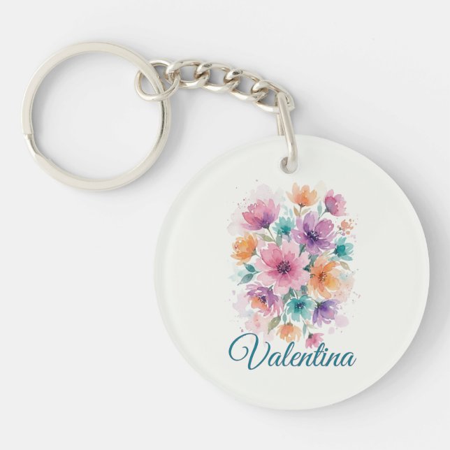 Personalized Watercolor Floral Name Keychain (Front)