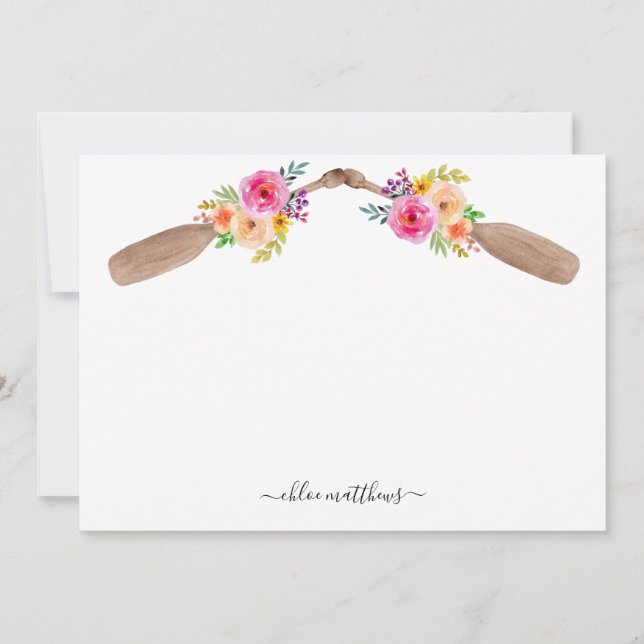 Personalized Watercolor Floral Paddles Nautical Note Card (Front)