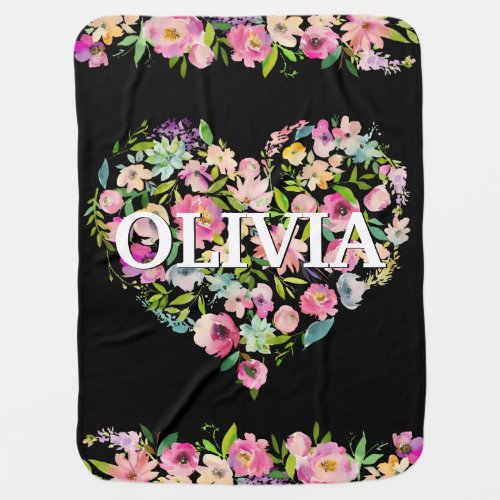 Personalized Watercolor Floral Pink Rose HEART Baby Blanket