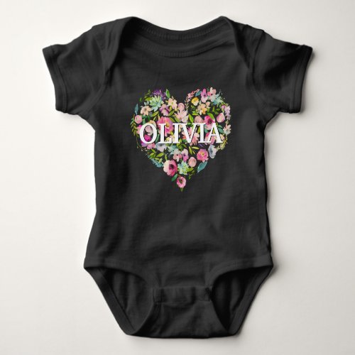 Personalized Watercolor Floral Pink Rose HEART Baby Bodysuit