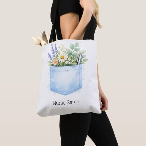 Personalized Watercolor Floral Scrubs Pocket Tote Bag