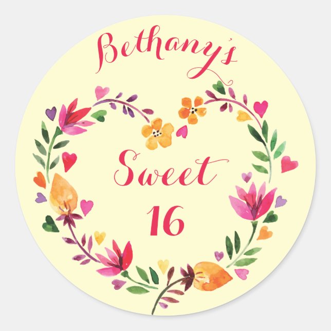 Personalized Watercolor Floral Sweet 16 Classic Round Sticker (Front)