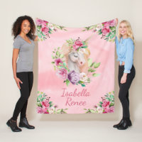 Personalized Watercolor Floral Unicorn Fleece Blanket