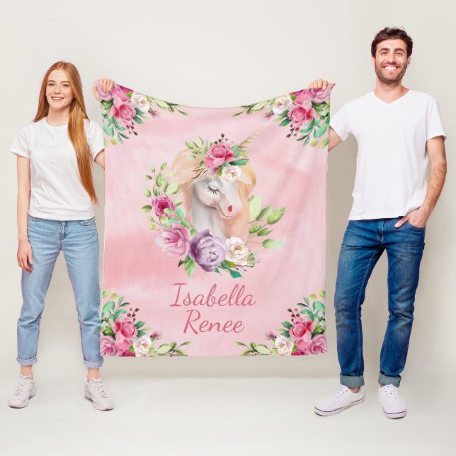 Personalized Watercolor Floral Unicorn Fleece Blanket (In Situ)