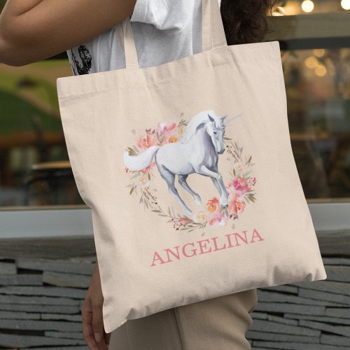 Personalized Watercolor Floral Unicorn Tote Bag