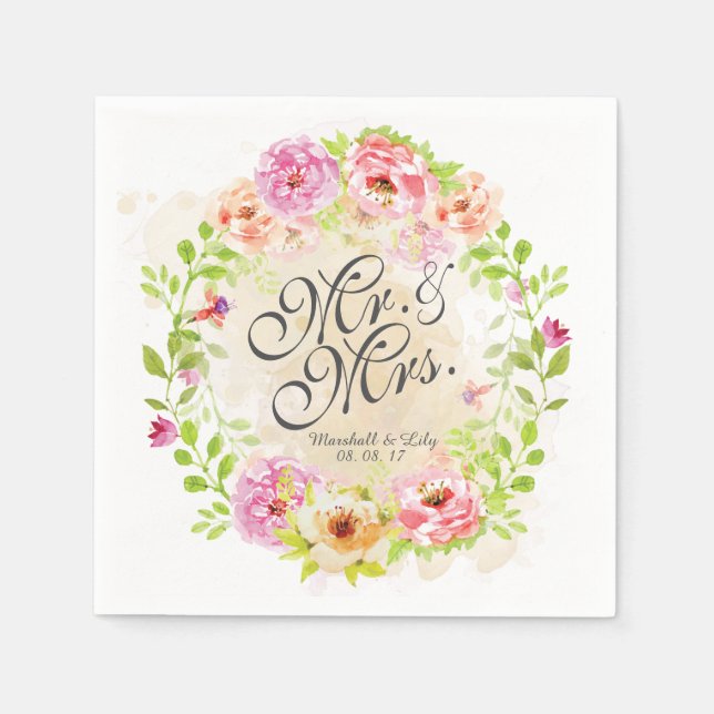 Personalized Watercolor Floral Wedding | Napkin (Front)