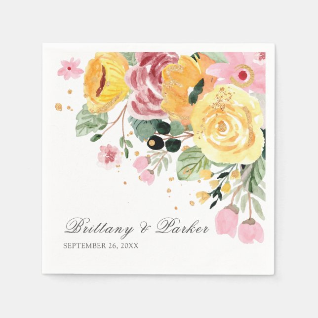 Personalized Watercolor Floral Wedding Napkins (Front)