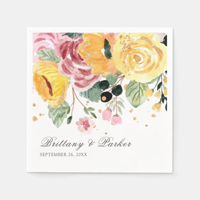 Personalized Watercolor Floral Wedding Napkins (Front)