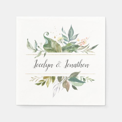 Personalized Watercolor Floral Wedding Napkins - Delicate flowers and greenery provide a lovely addition to your wedding, bridal shower, or anniversary party.  Blush peach, soft yellow, and sage green watercolor flowers contrast nicely on a solid white background.  Matching items are available in the Summer Floral Collection in my store.