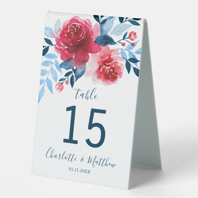 Personalized Watercolor Floral Wedding  Number Table Tent (Front)