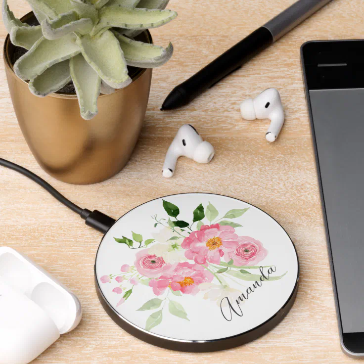 Personalized Watercolor Floral Wireless Charger