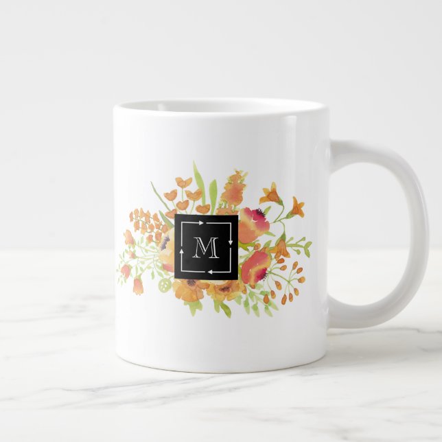 Personalized Watercolor Floral with Monogram Large Coffee Mug (Right)