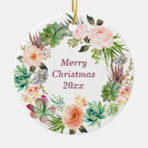 Personalized Watercolor Floral Wreath Ceramic Orna