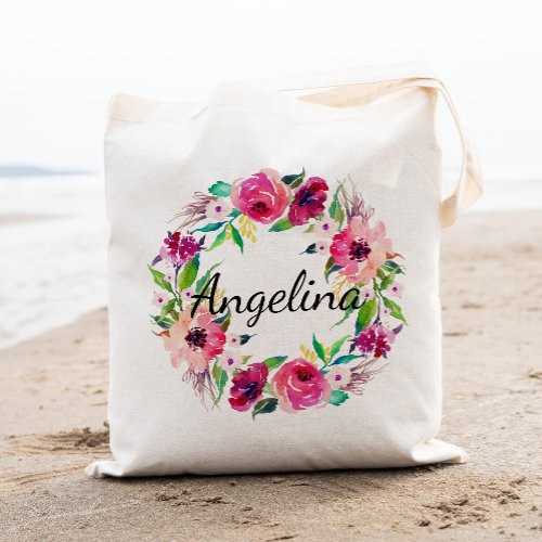 Personalized Watercolor Floral Wreath Wedding Tote Bag
