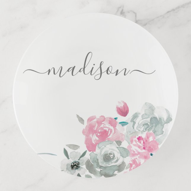 Personalized Watercolor Flower Trinket Tray (Front)