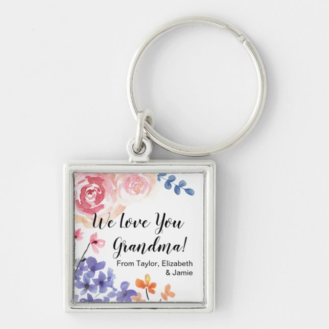Personalized watercolor flower We love you Grandma Keychain (Front)