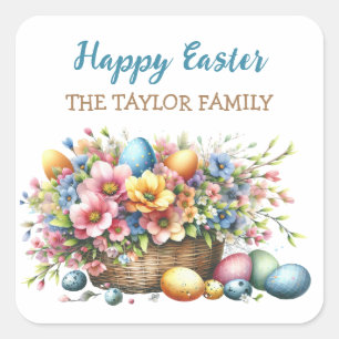 Personalized Watercolor Flowers Easter Square Sticker