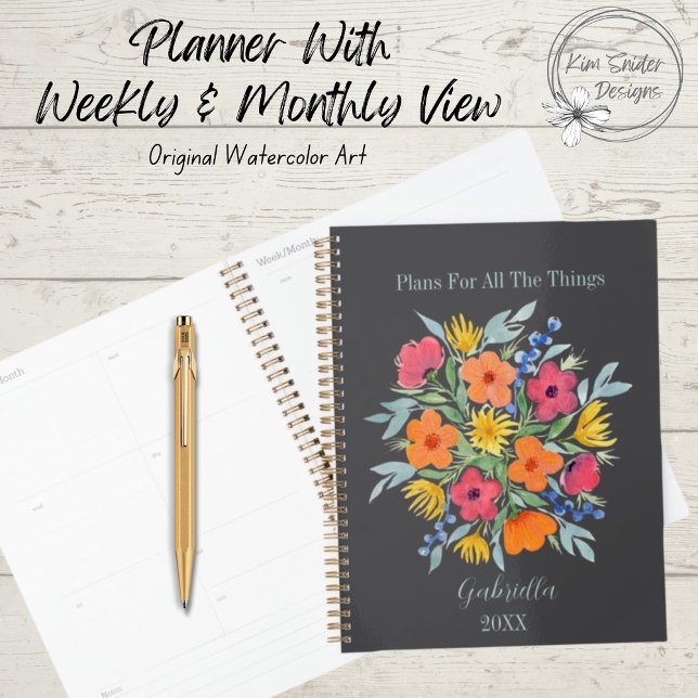 Personalized Watercolor Flowers on Gray Planner (Creator Uploaded)