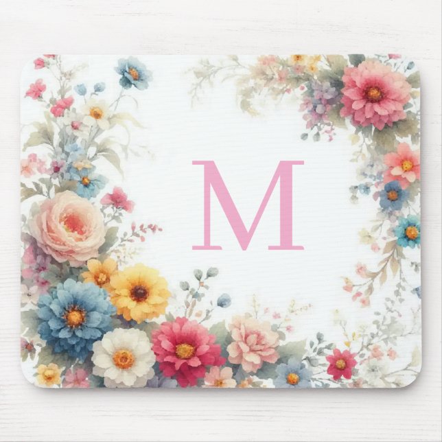 Personalized Watercolor Flowers Template Monogram Mouse Pad (Front)