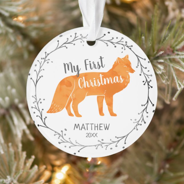 Personalized Watercolor Fox Baby First Christmas Ornament (Tree)