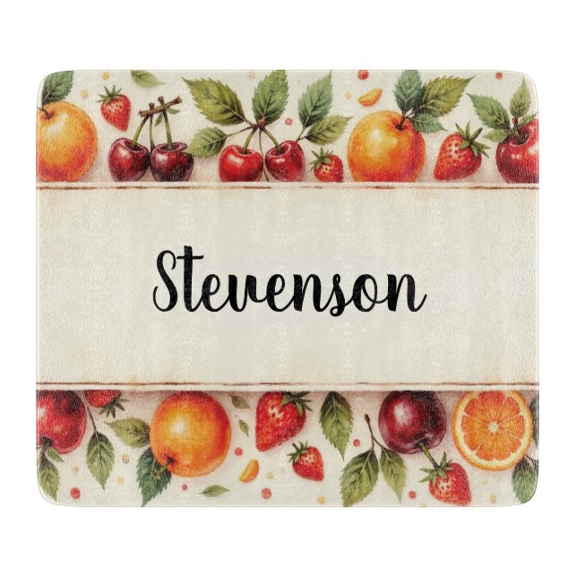 Personalized Watercolor Fruit Glass Cutting Board (Front)