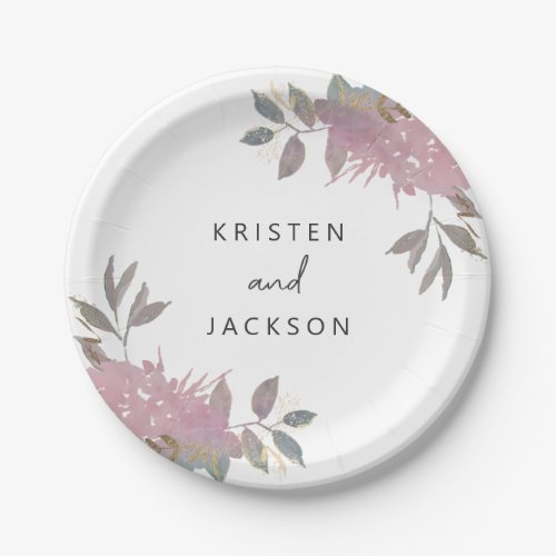 Personalized Watercolor Garden Mauve  Mint Floral Paper Plates