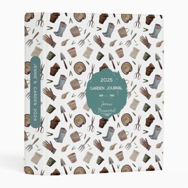 Personalized Watercolor Garden Tool Pattern Mini Binder (Front/Spine)
