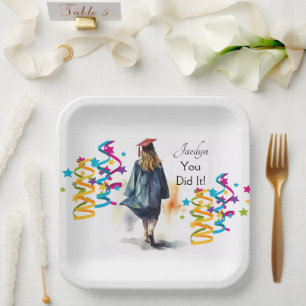 Personalized Watercolor Girl Graduate Party Paper Plates