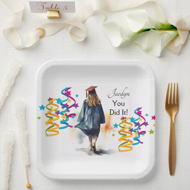 Personalized Watercolor Girl Graduate Party Paper Plates (Wedding)
